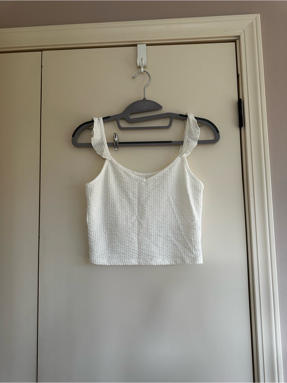 White Textured Ruffle Strap Crop Tank